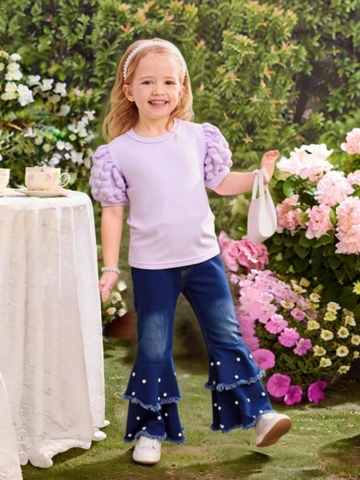 Mädchen Mode Sommer Polyester Puffärmel Top Und Perlen Schlaghose Jeans Kinder Kleidung Set Gerippte Textur Outfits