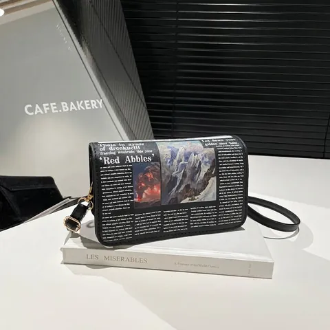 Women Retro Newspaper Print Crossbody Bag PU Leather Small Square Shoulder Bag Gold Hardware Stylish Street Messenger
