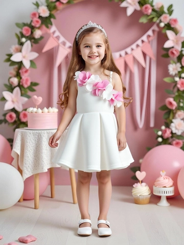 Mädchen Einschulter-Prinzessinnenkleid Mit 3D-Blumenapplikation Baumwolle Sommer Geburtstag Party Tutu Kleid Für Kinder Feier