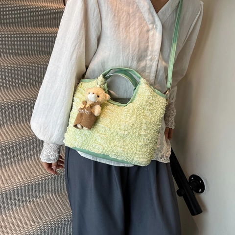 Secchiello in Stile Coreano con Texture Popcorn Plissettata Donna Moda Versatile Pendolarismo Borsa a Tracolla con Ciondolo Orso