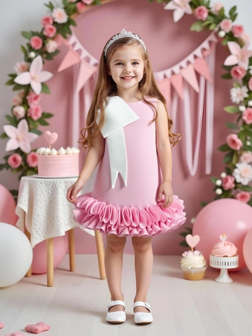 Elegantes Prinzessinnenkleid Für Mädchen Mit Großer Schulterschleife 3D Rüschensaum Geburtstag Party Toddler Abendkleid