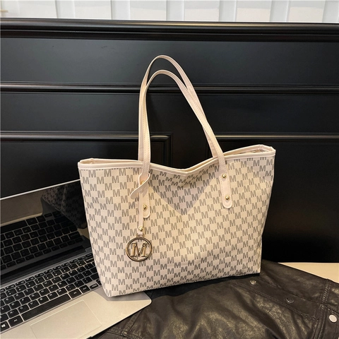 Women Large Capacity Tote Bag Fashionable M Letter Print Shoulder Bag PU Leather Monogram Handbag Commuter Shopper Bag