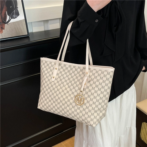 Women Large Capacity Tote Bag Fashionable M Letter Print Shoulder Bag PU Leather Monogram Handbag Commuter Shopper Bag
