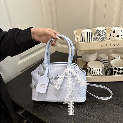 Damen Süße Schleife Spitze PU Leder Umhängetasche Schicke Schalenform Handtasche Mit Verstellbarem Riemen Für Den Alltag