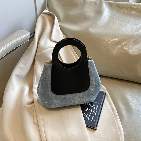 Dames Vintage Contrastkleur Patchwork PU Leer Handtas Denim Textuur Stiksels Uitgesneden Handvat Tote Tas Casual Fashion Tas