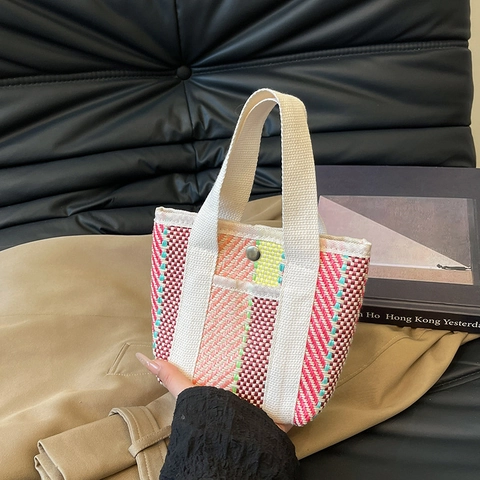 Women's Mini Striped Woven Tote Bag Contrast Color Casual Handbag Sweet Small Square Bag For Daily Summer Shopping Gift