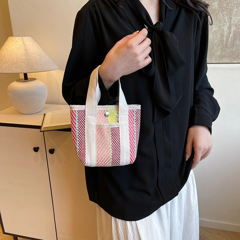 Women's Mini Striped Woven Tote Bag Contrast Color Casual Handbag Sweet Small Square Bag For Daily Summer Shopping Gift