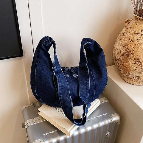 Bolso Hobo de Mezclilla para Mujer Gran Capacidad Media Luna Bolso Bandolera Retro Casual Color Sólido Bolso de Hombro Denim