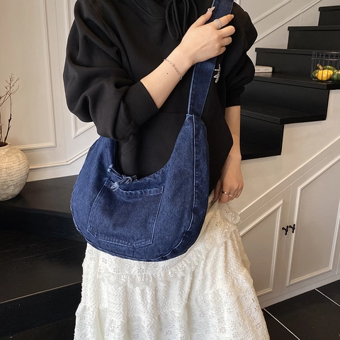 Bolso Hobo de Mezclilla para Mujer Gran Capacidad Media Luna Bolso Bandolera Retro Casual Color Sólido Bolso de Hombro Denim