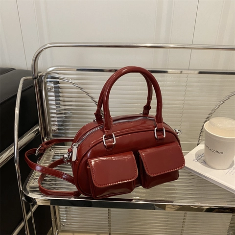 Bolso Boston de Charol de Moda para Mujer Bolso Bandolera de PU Brillante Retro Con Bolsillos Delanteros Dobles Color Sólido