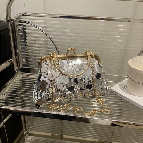 Borsa da Sera con Paillettes da Donna Pochette Vintage con Chiusura a Scatto Catena Tracolla Borsa a Mano per Festa Matrimonio