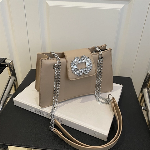 Women PU Leather Crossbody Bag With Rhinestone Buckle Fashion Square Shoulder Bag Chain Strap Elegant Daily Party Handbag