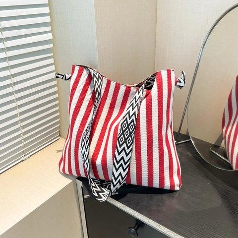 Borsa Tote in Tela a Righe da Donna Grande Capacità Borsa a Tracolla Casual Con Tracolla Larga a Motivo Geometrico Borsa Versatile