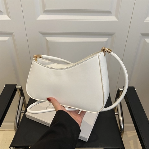 Bolso de Axila de Cuero PU Minimalista para Mujer Vintage Francés Color Sólido Cremallera Bolso de Hombro Casual Moda