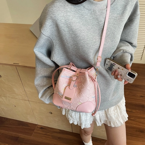Mode Damen Bestickte Eimertasche Bunte Wellen Nähte Kordelzug Umhängetasche Casual Street Trend Tote Umhängetasche