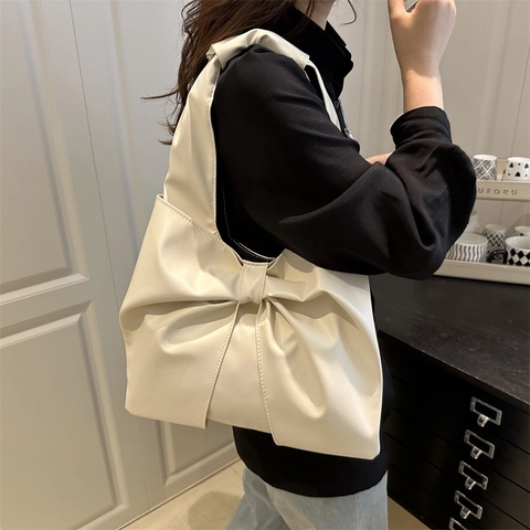 Damen Schultertasche Mit Schleife Mode Große Kapazität PU Leder Tote Gerafft Metallic Silber Hobo Tasche Handtasche Täglich