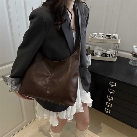 Retro PU Leather Large Capacity Tote Bag Casual Simple Solid Color Commuting Shoulder Bag Adjustable Crossbody Bag