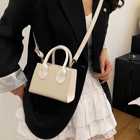 Bolso Bandolera Cuadrado Mini con Textura Tejida de Cuir PU para Mujer Tote Pequeño Correa Ajustable Herrajes Dorados