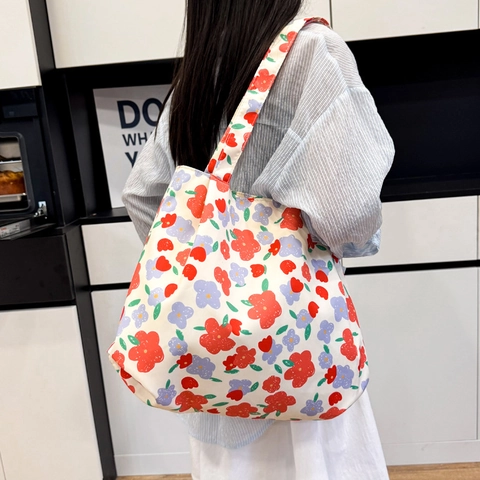 Borsa Tote da Donna a Grande Capacità con Stampa Floreale Borsa a Tracolla in Tela Leggera Casual Dolce Fiocco Farfalla Sottobraccio
