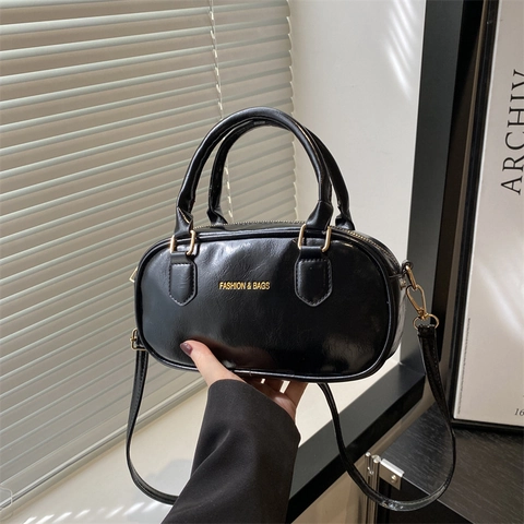 Retro Mini PU Leather Boston Bag For Women Fashion Letter Print Handbag Small Square Shoulder Crossbody Bag With Gold Hardware