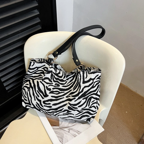 Bolso Tote de Lona con Estampado de Cebra y Leopardo para Mujer Gran Capacidad Bolso de Hombro y Axila con Anillo de Metal