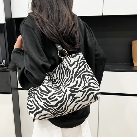 Bolso Tote de Lona con Estampado de Cebra y Leopardo para Mujer Gran Capacidad Bolso de Hombro y Axila con Anillo de Metal