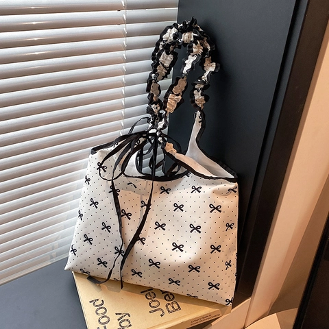 Bolso Tote Para Mujer Con Estampado De Lazos Y Lunares Tejido Compuesto Asa Con Volantes Bolso Bandolera Hebilla Magnética Bolso De Mano