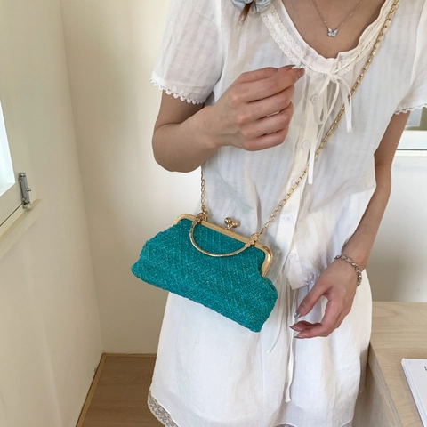 Vintage Gewebte Abendtasche Crossbody Für Damen Elegante Legierung Rahmen Kettengurt Stilvolle Kleine Quadratische Umhängetasche