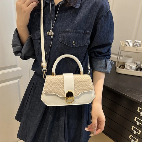 Vrouwen Elegante PU Leer Geweven Patchwork Crossbody Tas Handtas Kleine Vierkante Schoudertas Met Gouden Metalen Slot