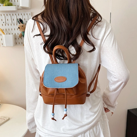 Mini Mochila para Mujer Estilo Preppy Vintage Cuero PU Color Contraste Cordón Tapa Escuela Viaje Moda Bolso