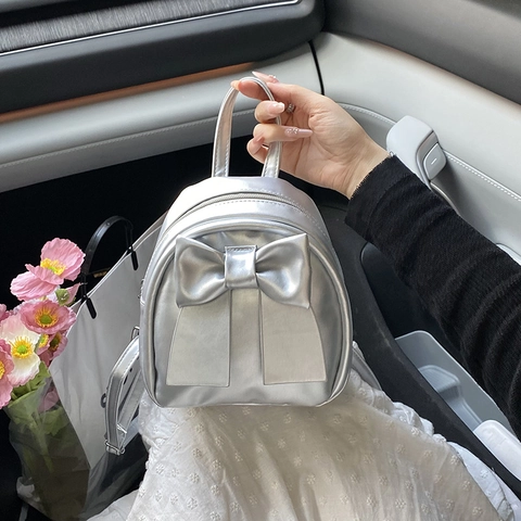 Women Mini Fashion Backpack Korean Style PU Leather Bow Detail Handbag For Students Casual Daily School Bag Solid Color