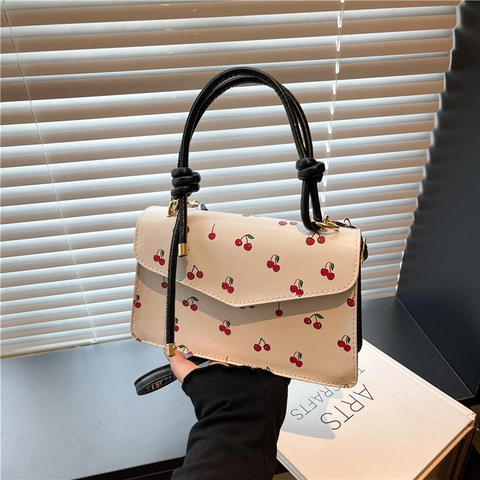 Sac à Main Femme en Cuir PU Imprimé Cerise Douce Poignée à Nœud Sac Bandoulière Mode Petit Sac Carré pour Dame