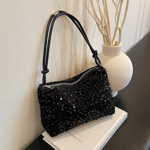 Fashion Sequin Underarm Bag Women PU Leather Sparkly Shoulder Bag Korean Y2K Style Party Evening Handbag Sparkle Purse