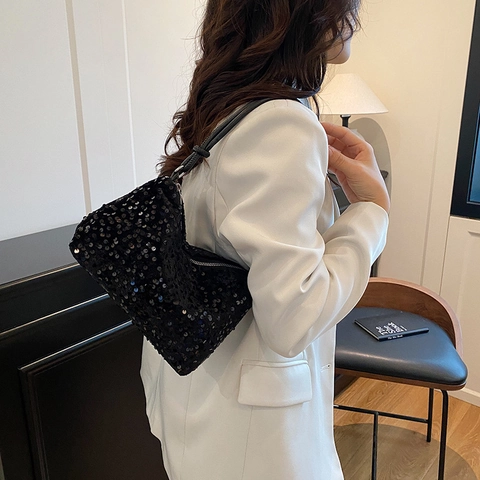 Fashion Sequin Underarm Bag Women PU Leather Sparkly Shoulder Bag Korean Y2K Style Party Evening Handbag Sparkle Purse