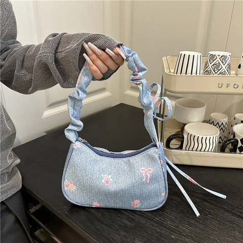 Borsa Sottobraccio in Denim con Stampa Floreale e Fiocco da Donna Borsa a Tracolla Retro con Manico Increspato Casual