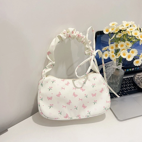 Damen Süße Floral Druck Nylon Achseltasche Kirsche Erdbeere Schmetterling Hobo Umhängetasche Lässige Geraffte Henkeltasche Handtasche