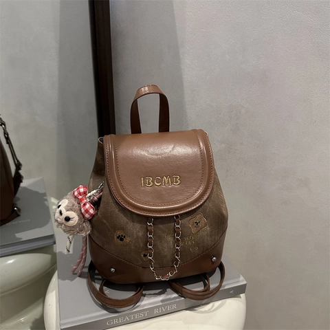 Fashion Denim PU Leather Patchwork Mini Backpack With Chain Embroidery Bear Pattern College Style Travel Bag For Women