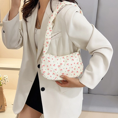 Damen Süße Floral Druck Nylon Achseltasche Kirsche Erdbeere Schmetterling Hobo Umhängetasche Lässige Geraffte Henkeltasche Handtasche