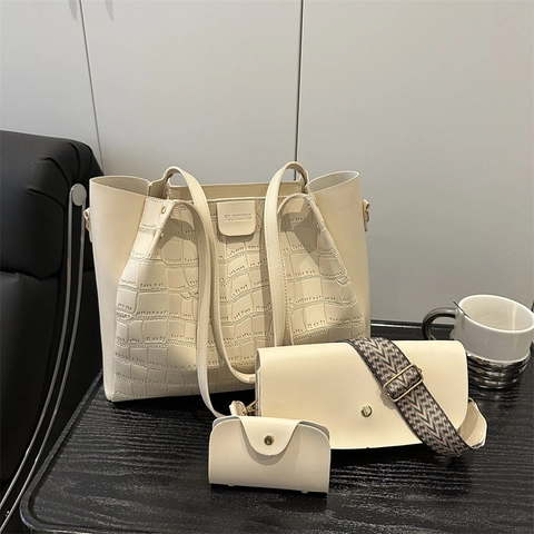 Juego de 3 Bolsos para Mujer de Cuero PU con Relieve de Cocodrilo Bolso Tote de Gran Capacidad y Bolso de Hombro con Correa Tejida