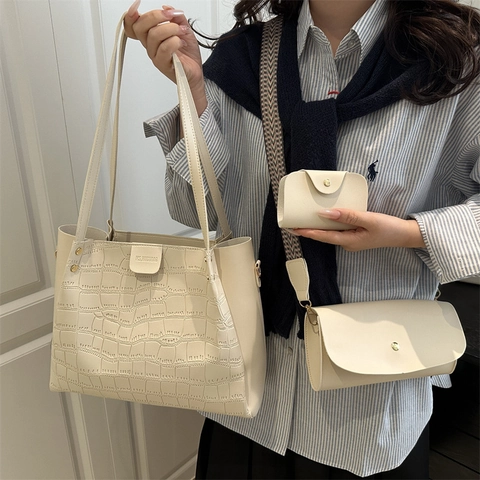 Juego de 3 Bolsos para Mujer de Cuero PU con Relieve de Cocodrilo Bolso Tote de Gran Capacidad y Bolso de Hombro con Correa Tejida