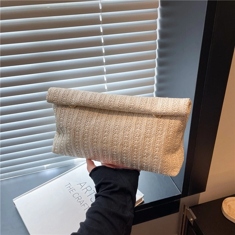 Damen Stroh Web Clutch Faltbare Umschlag Handtasche Sommer Urlaub Lässig Täglich Beige Khaki Geldbörse Magnetverschluss