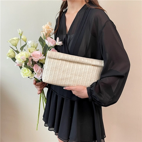 Damen Stroh Web Clutch Faltbare Umschlag Handtasche Sommer Urlaub Lässig Täglich Beige Khaki Geldbörse Magnetverschluss