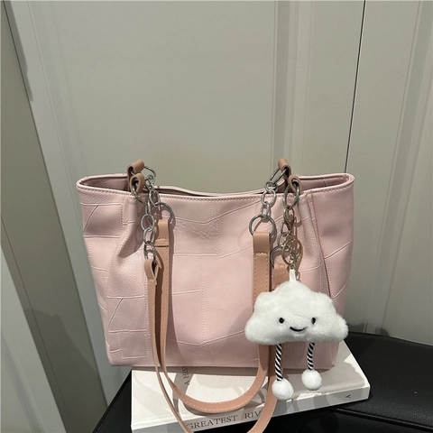 Sac Fourre-tout Grande Capacité pour Femmes Style Coréen Tendance Patchwork Géométrique Sac à Épaule en Cuir PU Avec Pendentif Nuage
