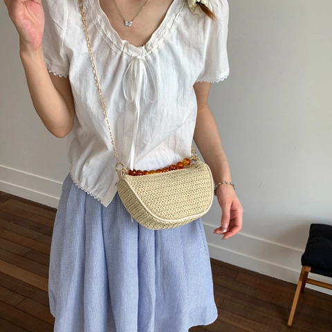 Damen Gewebte Halbmond Umhängetasche Minimalistische Bernsteinperlen Henkeltasche Sommerurlaub Kettentasche