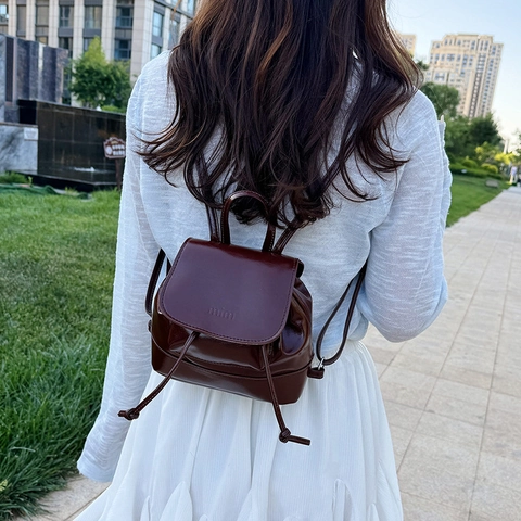 Women's Fashion Mini PU Leather Backpack Minimalist Drawstring Flip Cover Shoulder Bag Cute Small Schoolbag For Daily Travel