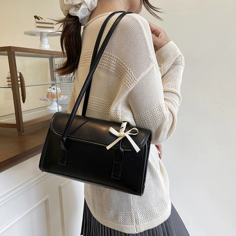 Women Bowknot Shoulder Bag Elegant Solid Color PU Leather Underarm Bag Minimalist Handbag For Daily Fashion Lady Purses