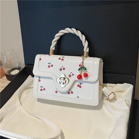 Women Cherry Print PU Leather Handbag With Metal Flower Lock Sweet Top Handle Crossbody Bag Mini Satchel Bag For Daily Wear