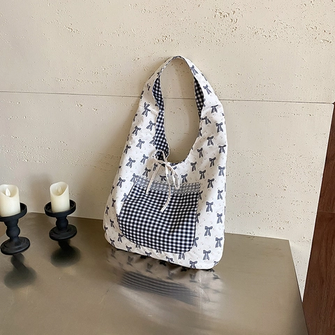 Koreanischer Stil Wende-Schultermantel Mit Schleife Große Kapazität Leichte Nylon Tote Bag Gingham Druck Ästhetische Damen Tasche