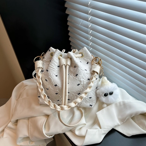 Damen Nylon Schleife Bedruckt Eimertasche Süß Kordelzug Handtasche Umhängetasche Mit Gewebtem Griff Für Tägliches Pendeln Freizeit