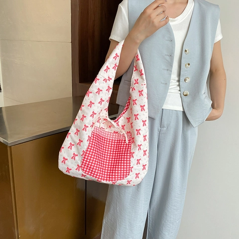 Sac Fourre-Tout Réversible Coréen Doux Floral Gingham Grande Capacité Sac à Bandoulière en Nylon Avec Nœud Papillon Poche Dentelle
